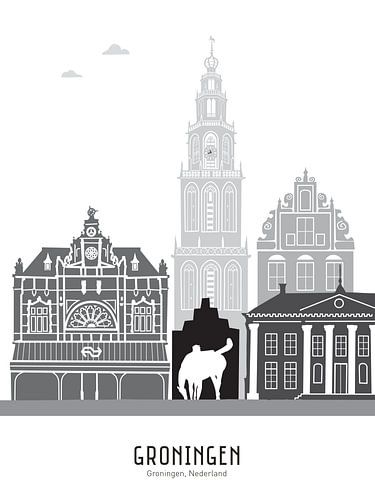 Skyline illustratie stad Groningen zwart-wit-grijs