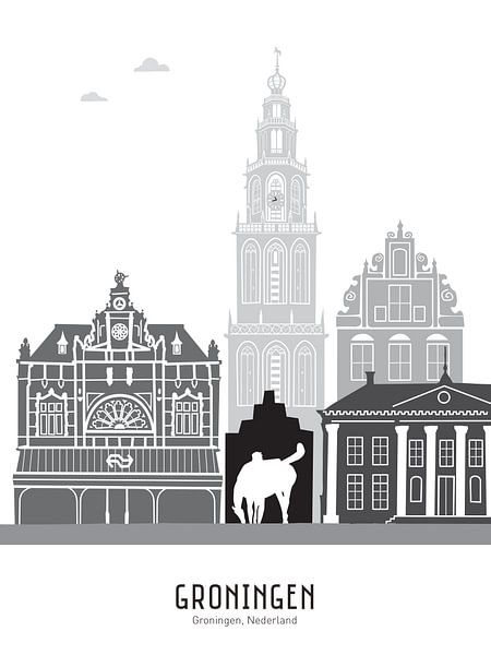 Skyline illustratie stad Groningen zwart-wit-grijs van Mevrouw Emmer