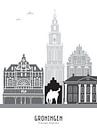 Skyline illustratie stad Groningen zwart-wit-grijs van Mevrouw Emmer thumbnail