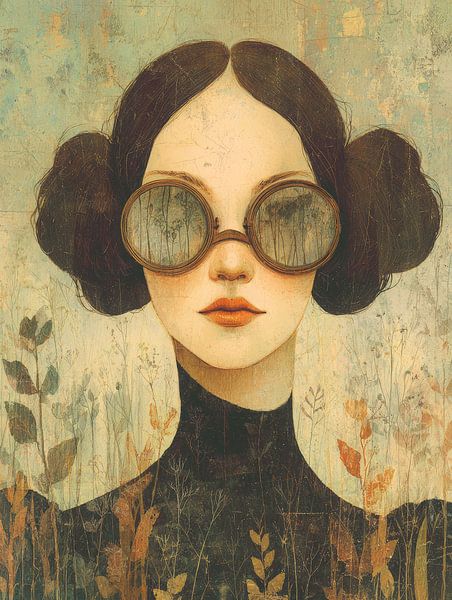 Mysterious portrait of woman with large glasses and botanical background by But First Framing