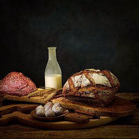 Still life with bread,milk,salami,garlic and milk. by Saskia Dingemans Awarded Photographer
