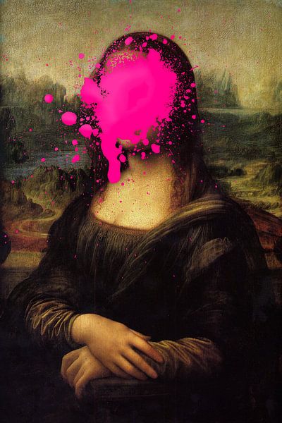 plein benzine Coöperatie Mona Lisa met roze verfvlek van Maarten Knops op canvas, behang en meer