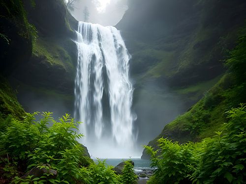 Majestätischer Wasserfall im Nebel