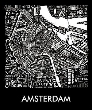 Typographie d'Amsterdam en noir et blanc : Plan avec la tour A'dam sur Muurbabbels Typographic Design