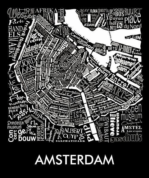Amsterdam zwart- wit typografisch: Plattegrond met A'dam toren van Muurbabbels Typographic Design