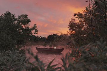 Vieux bateau japonais sur une mer paisible le soir sur Besa Art