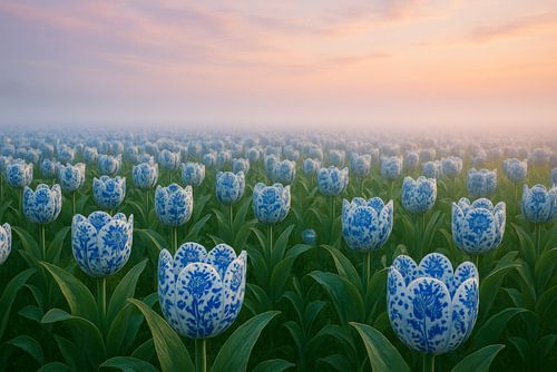 Mer de tulipes bleues de Delft - Brume magique sur la Hollande