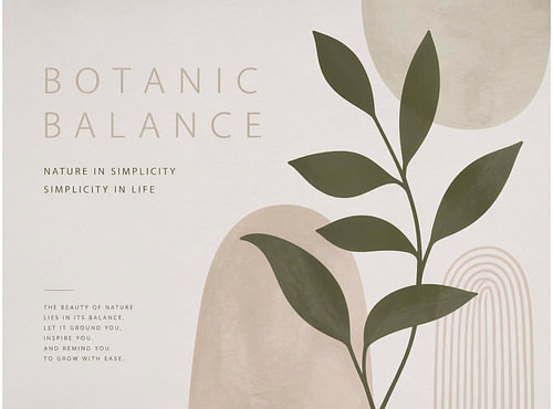 Botanische illustratie met het motto: „BOTANIC BALANCE – NATURE IN SIMPLICITY“