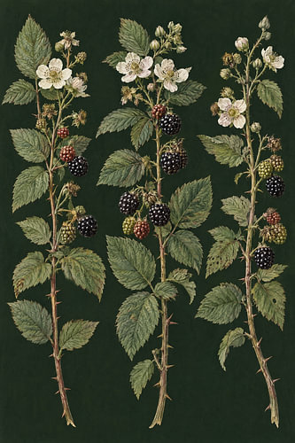 Blackberry vines against a dark forest green background