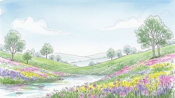 Watercolor Landscape with Stream, Trees, and Wildflowers by Markus Gann