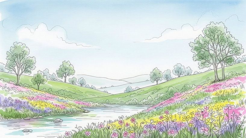 Watercolor Landscape with Stream, Trees, and Wildflowers by Markus Gann