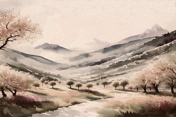 Paysage de montagne brumeux et verger fleuri sur Anna Marie de Klerk