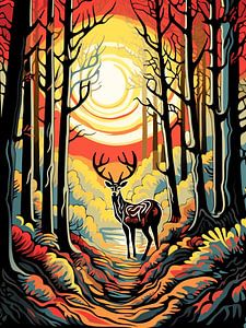 cerf forêt automne arbres stylisé coloré géométrique