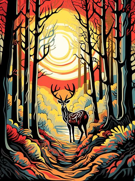 cerf forêt automne arbres stylisé coloré géométrique par gm_designs