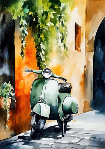 Grüner Motorroller auf Kopfsteinpflaster – Aquarell von Niklas Maximilian