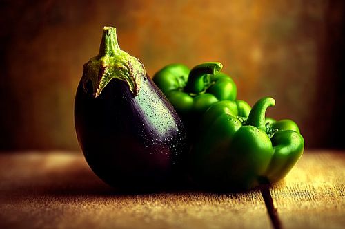 Stilleven aubergine en groene paprika