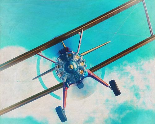 Schilderij van een vliegende Boeing Stearman Model 75