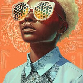 Black Woman with Futuristic Sunglasses and Wolf Symbol by Digital Picture Art