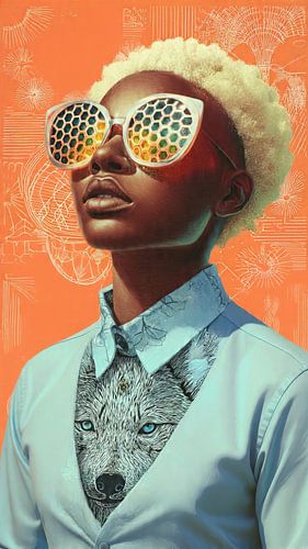 Black Woman with Futuristic Sunglasses and Wolf Symbol