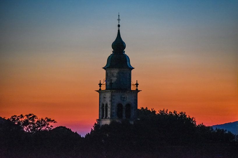 Church tower in Vipava, Slovenia, at sunset by Lars-Olof Nilsson