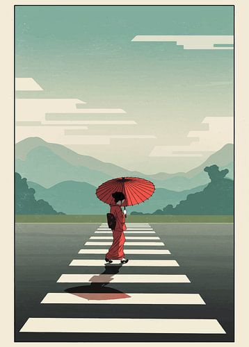 Japanische Frau beim Überqueren eines Bergpfades