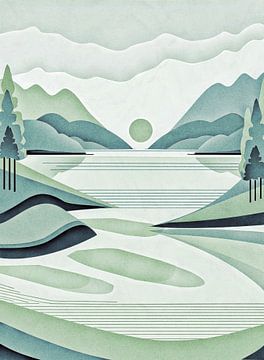 Abstract berglandschap met meren – minimalisme (3) van Anna Marie de Klerk