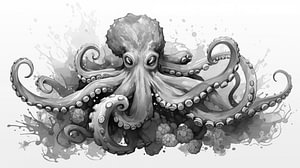 Schwarzweiß  Aquarell-Oktopus auf weißem Hintergrund