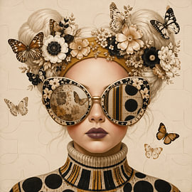 Between seasons | Surrealist portrait with flowers and butterflies by Mirjam Duizendstra