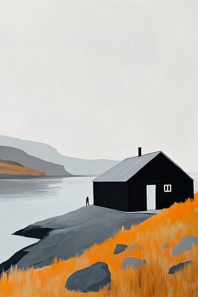 Schwarzes Haus am Wasser – Minimalistisch von Poster Art Shop