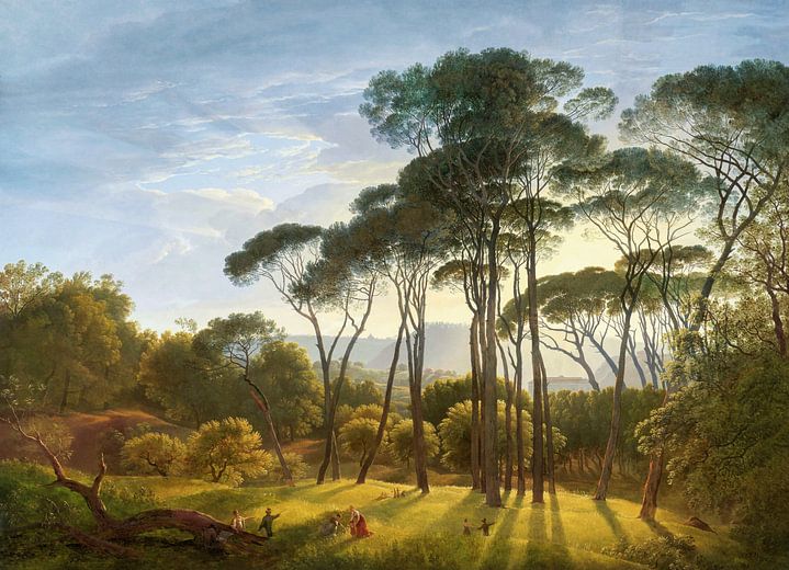 Italiaans landschap met parasoldennen, Hendrik Voogd, digitaal gerestaureerd van <span class="secondary-font">Lars van de Goor</span>