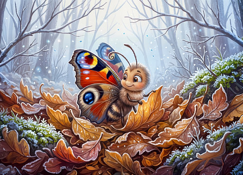 Butterfly Resting in Autumn Leaves at First Cold Nights