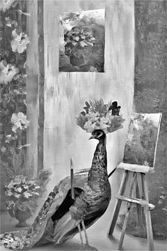 Pauwcasso zwart wit portret van een schilder van Maud De Vries