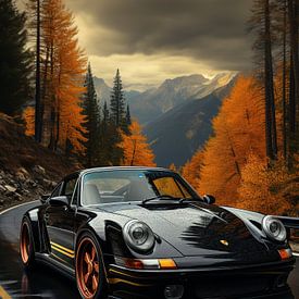 Schwarzer Porsche in Berglandschaft_8 von Bianca Bakkenist