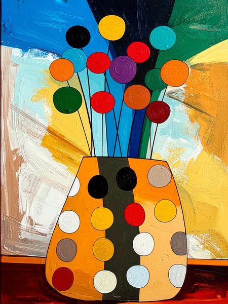 Fröhliche abstrakte Malerei: Vase mit Blumen im Pop-Art-Stil von Studio Pieternel