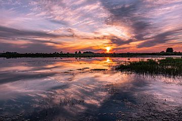 Zonsondergang met mooie reflectie in het water. van Rick van de Kraats
