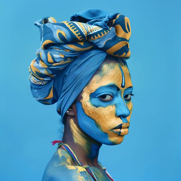 Intrigante femme au visage bleu et jaune et au turban par Glitzy Fusion Frames