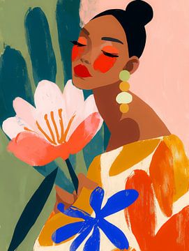 Stijlvol modern portret van een vrouw met bloem en kleurrijke patronen