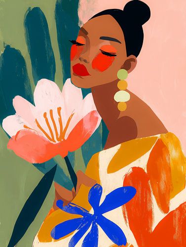 Portrait moderne et élégant d'une femme avec des fleurs et des motifs colorés