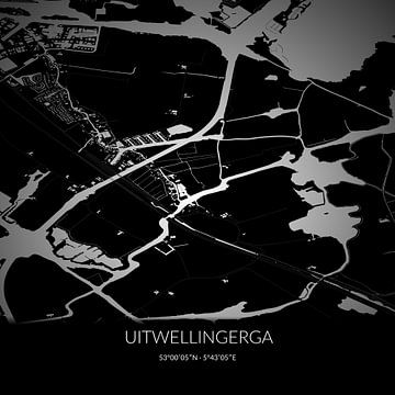 Zwart-witte landkaart van Uitwellingerga, Fryslan. van Rezona