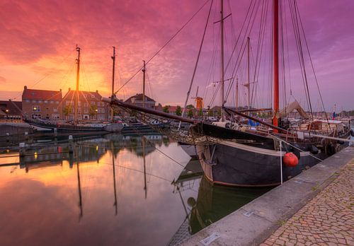 Sunset in old harbour of Hellevoetsluis