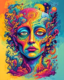 Colour explosion face poster - Psychedelic portrait full of power by Conpo Design