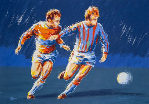 Twee voetballers tijdens het spel - Acryl illustratie op papier