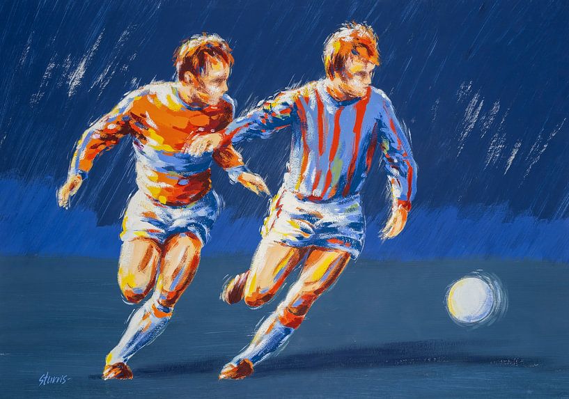 Twee voetballers tijdens het spel - Acryl illustratie op papier van Galerie Ringoot