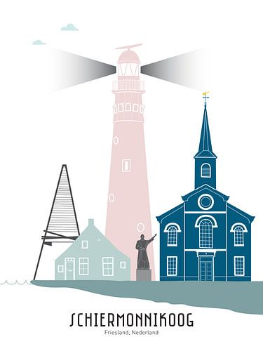 Skyline illustratie waddeneiland Schiermonnikoog in kleur