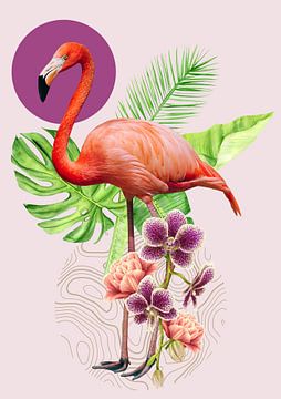 Flamingo met vintage style bloemen roze van Postergirls