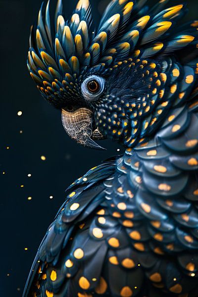 Portrait d'un perroquet bleu à pois d'or par Art & Soul Creations