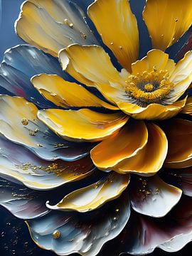 Een abstracte bloem in geel en blauw met gouden details van Retrotimes