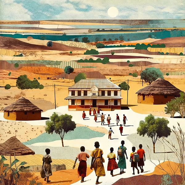 Collage schoolkinderen en plattelandsschool in Afrikaans landschap van Lois Diallo