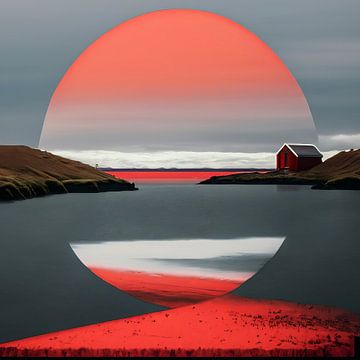 Huizen aan het meer IJsland rood-4 van Manfred Rautenberg Digitalart