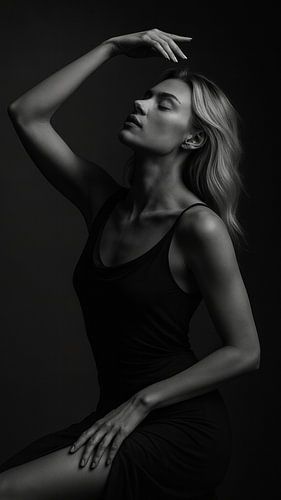 Elegante Stilte – Zwart-Wit Portret met Sensuele Uitdrukking
